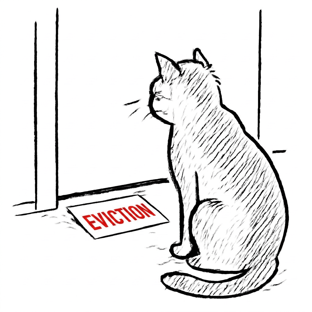 an ordinary domestic cat sitting rigid in front of a closed door, an unopened envelope on the floor beneath it
